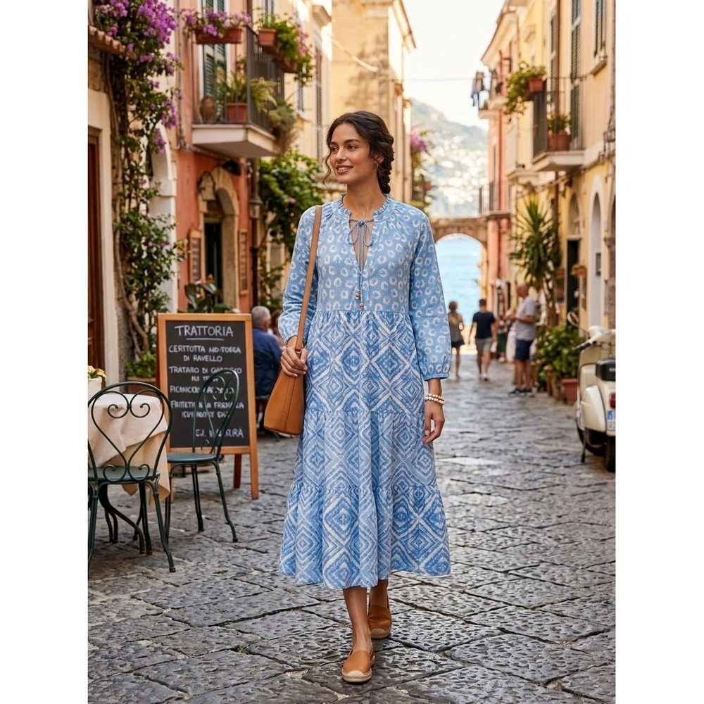 Jessica Simpson Blue White Cotton Ikat Tiered Boho Midi Dress Small